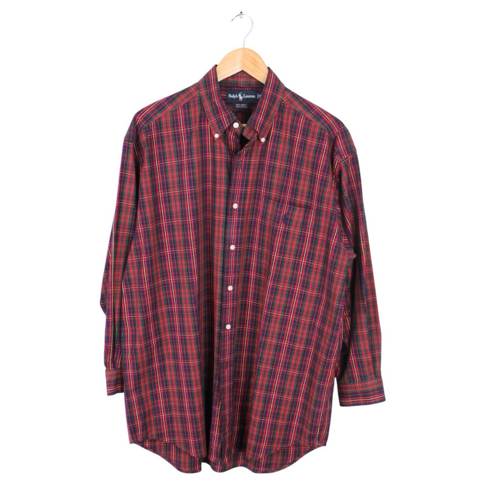 Vintage Ralph Lauren Big Shirt Men's Medium‎ Red Green Plaid Button Down Cotton